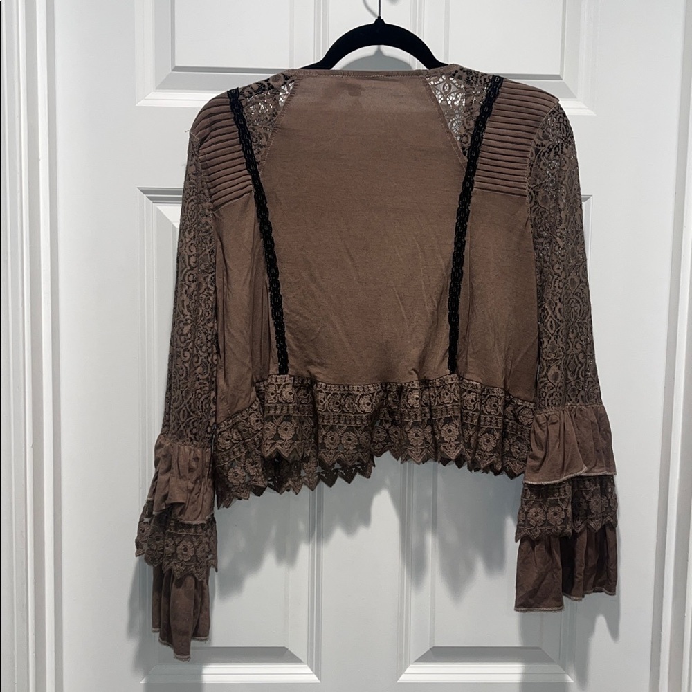 POL romantic lace bell sleeves bolero top chocolate brown ruffles - Picture 8 of 10